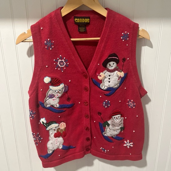 Christmas Sweater Vest Womens Small Red/Pink Snowman Skiing Holiday Ugly Sweater - Picture 1 of 8